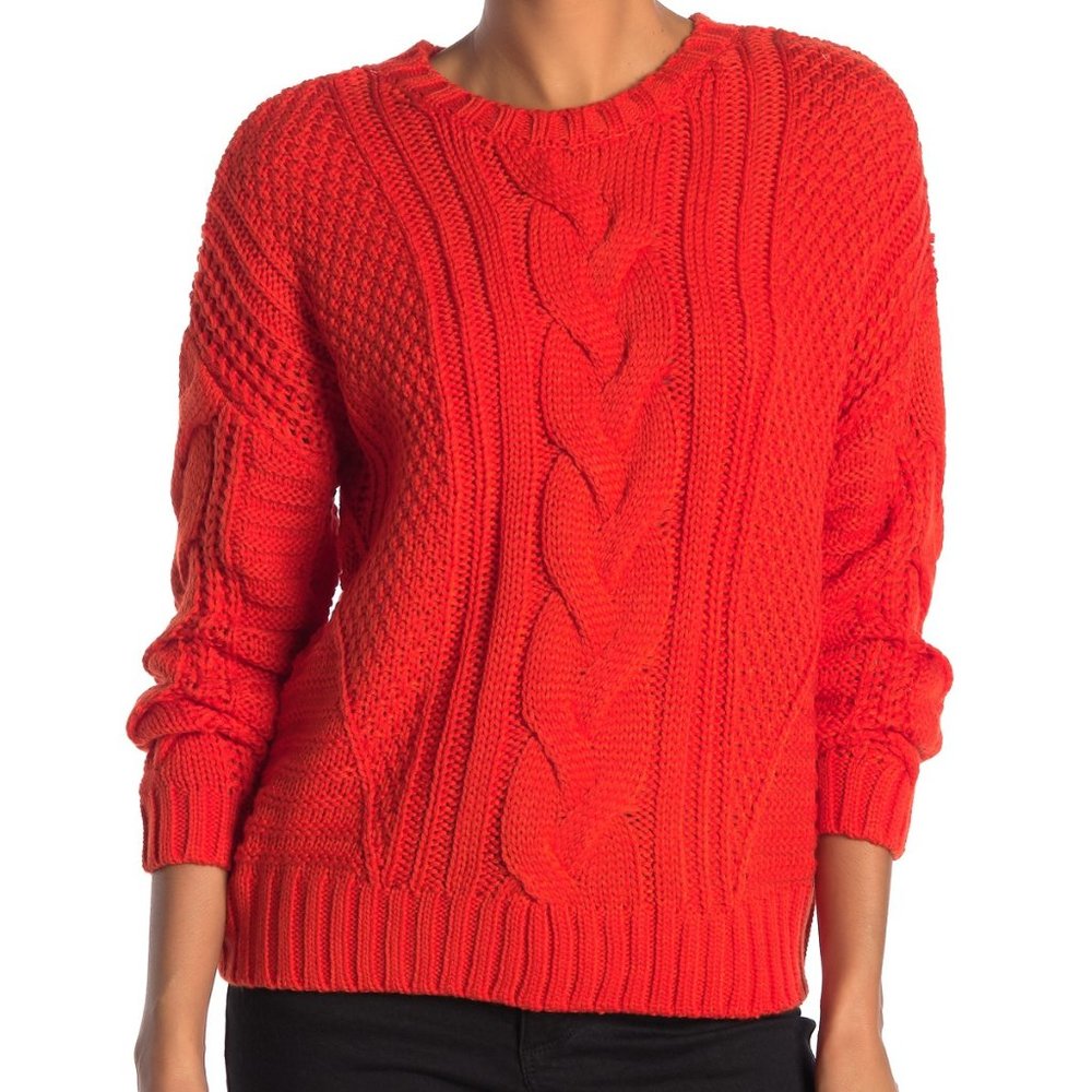 One A Red Cable Knit Crewneck Sweater